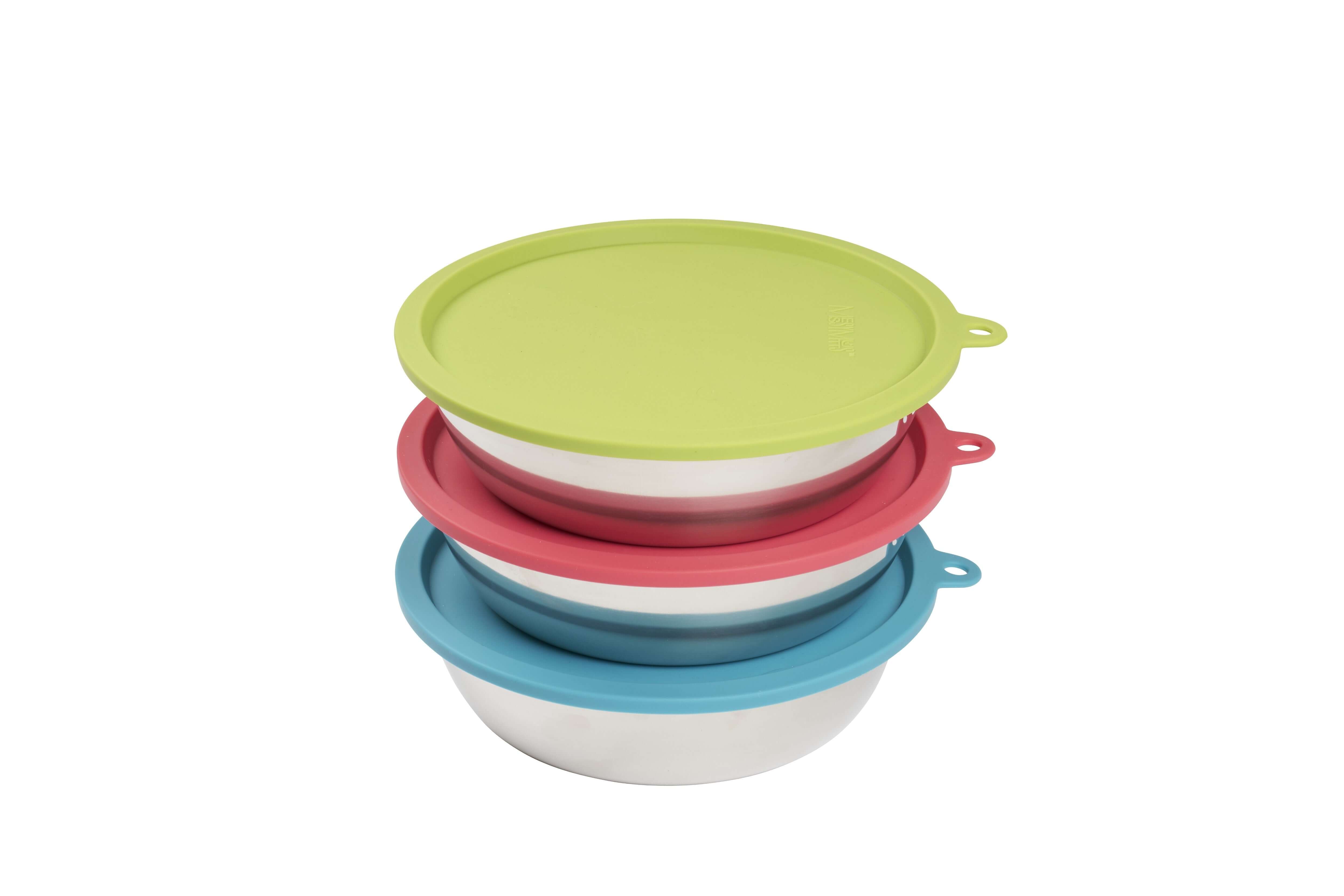 Three Stainless Steel Dog Bowls and Three Silicone Lids, Extra Large, 6 Cups Per Bowl