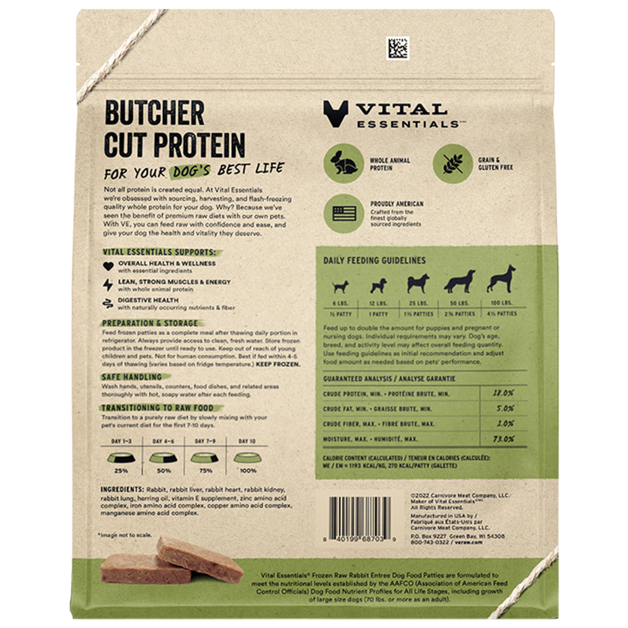 Vital Essential Raw Rabbit Patties 6lbs (In Store Pick Up Only)