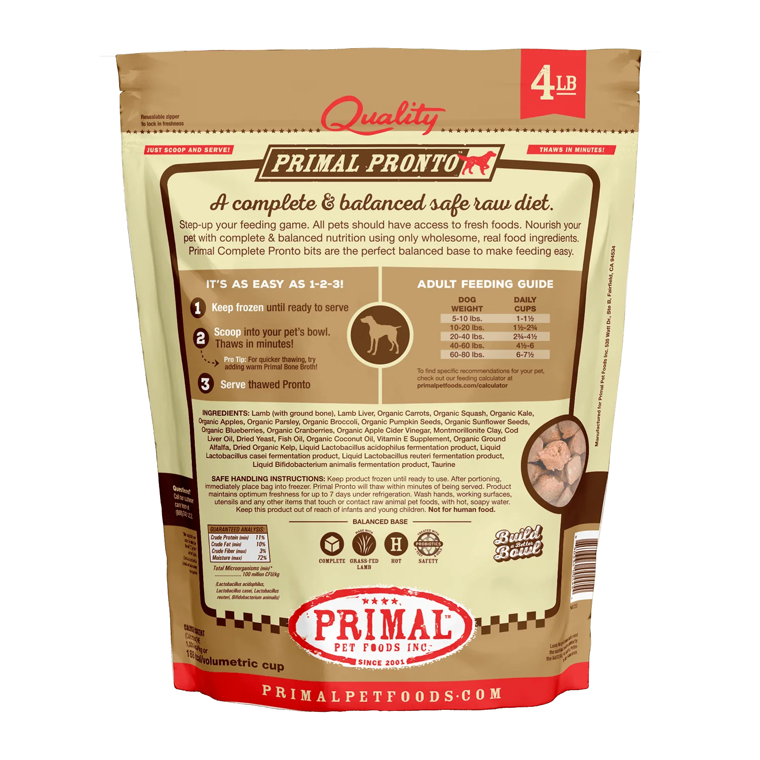 Primal Dog Raw Lamb Pronto 4lbs (PICK UP IN STORE ONLY)