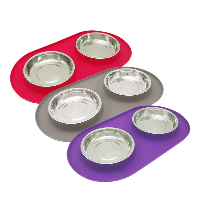 Double Silicone Cat Feeder with Stainless Saucer Shaped Bowl