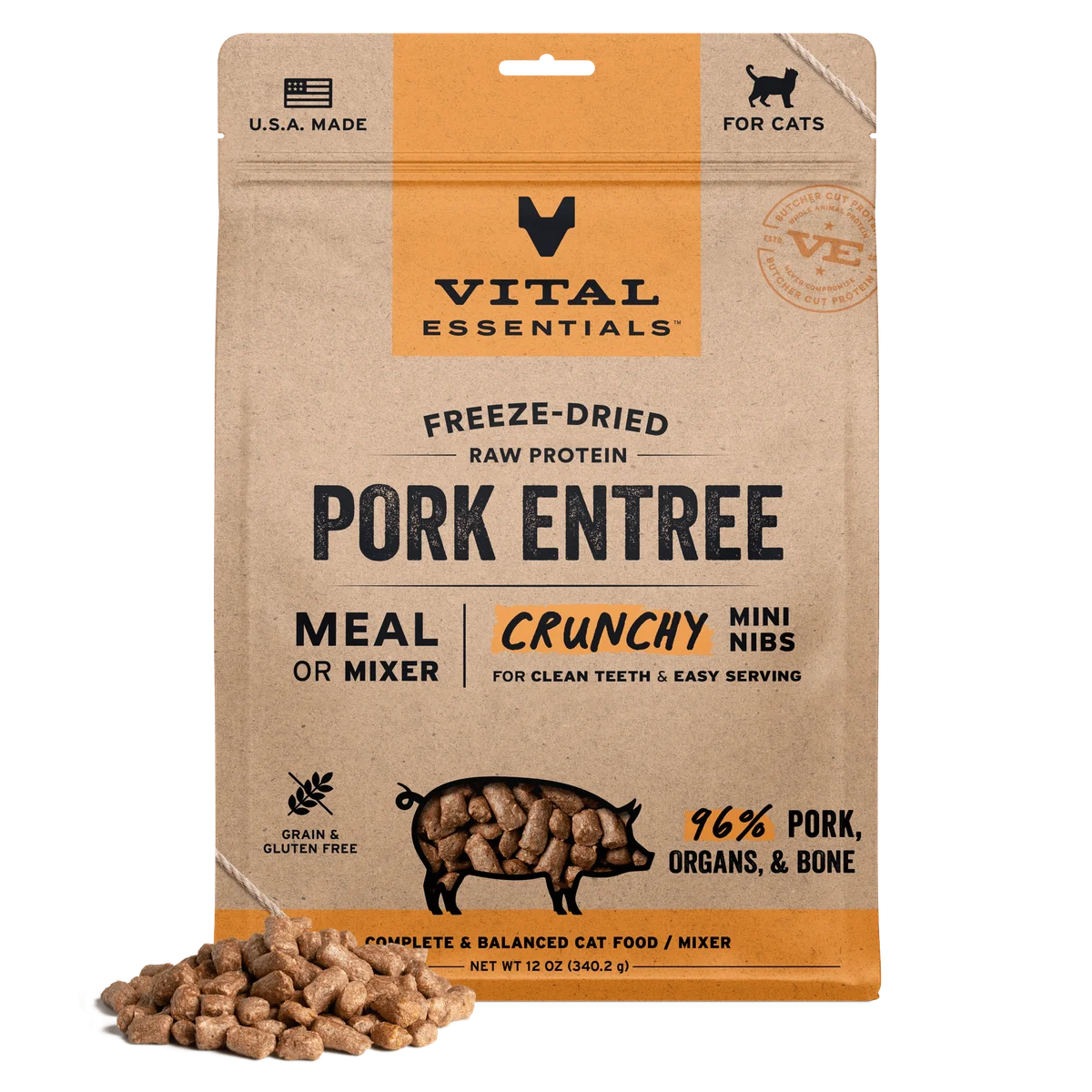Vital Essentials Cat FD Pork Mini Crunchy Nibs 12oz