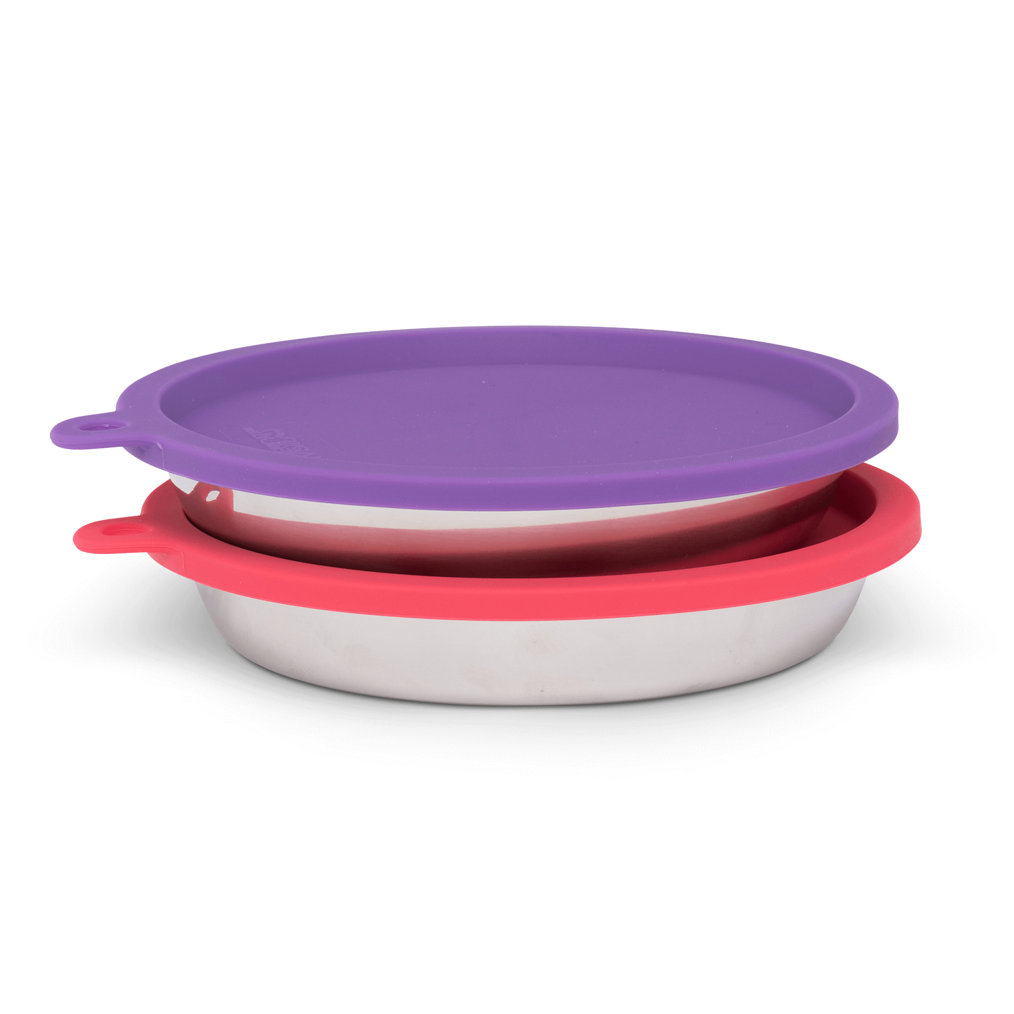 Two Stainless Saucer Shaped Cat Bowls and Two Silicone Lids for Cat Food Storage