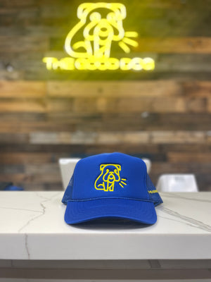 “The Good Dog” Trucker hat Blue and yellow